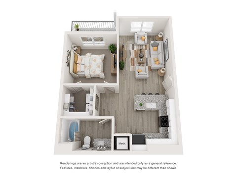 Floor plan for 1 bed, 1 bath, 725 sqft